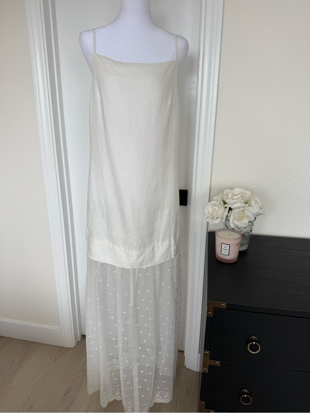 o.p.t. White Linen Maxi Slip Dress with Sheer Polka Dot Overlay NWT Sz Med